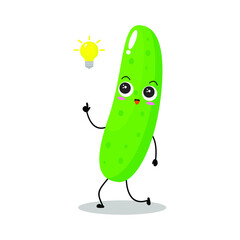 Vector illustration of cucumber character with cute expression, get idea, happy, funny, cucumber isolated on white background, simple minimal style, vegetable for mascot collection, emoticon, kawaii