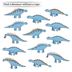find a drawing without copy, task for kids with blue dinosaurs, vector.