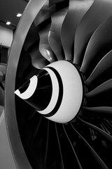 Modern turbofan engine. close up of turbojet of aircraft on black background
