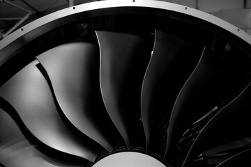 Modern turbofan engine. close up of turbojet of aircraft on black background - obrazy, fototapety, plakaty