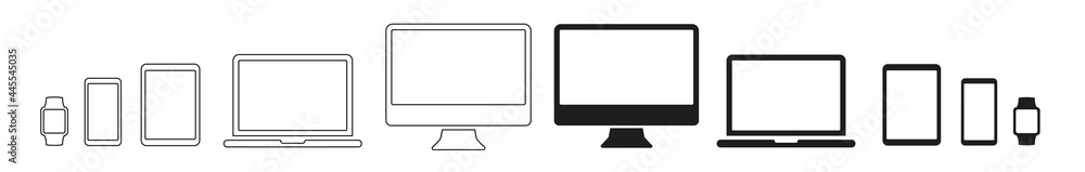 Poster device icon set. devices smart phone, tablet, laptop and smart watch line icons isolated. collection