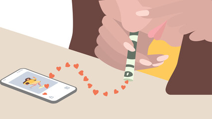 Concept of people dependence on social networks. The girl sniffs likes and hearts from mobile phone applications. Internet addiction. Problem. Vector. Flat style