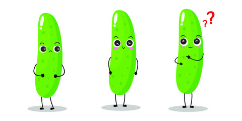 Vector illustration of cucumber character with various cute expression, happy, funny, set of cucumber isolated on white background, simple minimal style, fresh fruit for mascot collection, emoticon