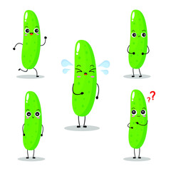 Vector illustration of cucumber character with various cute expression, funny, set of cucumber isolated on white background, simple minimal style, fresh fruit for mascot collection, emoticon