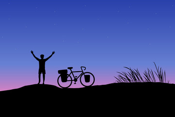 Dark silhouette of touring bike cyclist with bicycle on mountain with sunset background. Biker raise hand above head near his bicycle with bikepacking bags and tent. Vector illustration design.