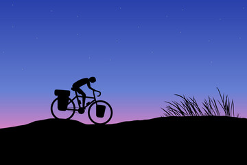 Dark silhouette of touring bike cyclist travel on mountain with sunset background. Biker cycling adventure with bikepacking bags and tent. Vector illustration design.