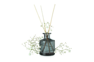 Diffuser bottle with sticks and flowers isolated on white background