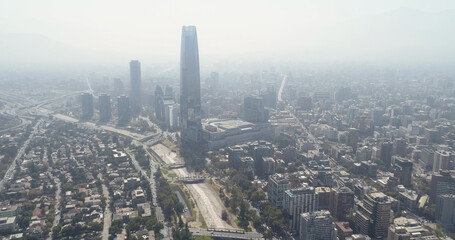 Aerial view on skyscrapers of Financial District of Santiago, capital of Chile.