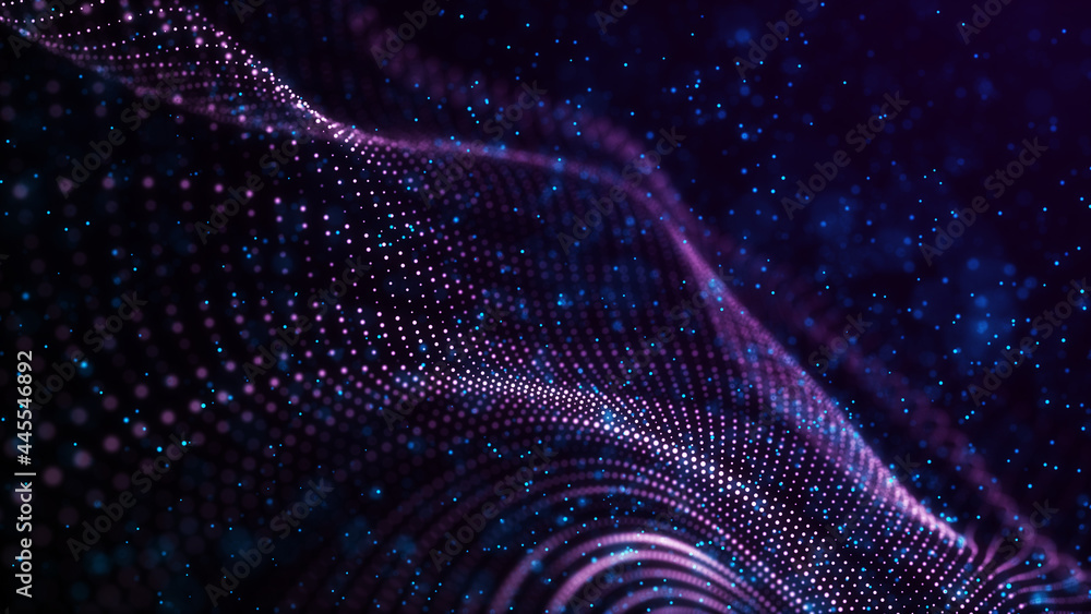 Poster abstract wave with moving dots. flow of particles. cyber technology illustration. 3d rendering