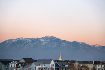 Beautiful view of a mountain range with alpen glow effect