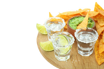 Party concept with tequila and chips isolated on white background