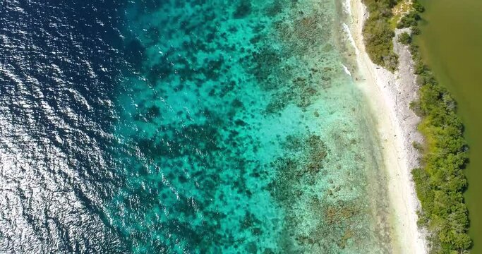 barrier reef  ,Los Roques venezuela, aerial drone view, TILD UP  revealing  landscape in paradise island Caribbean Sea with blue water and Green mangrove