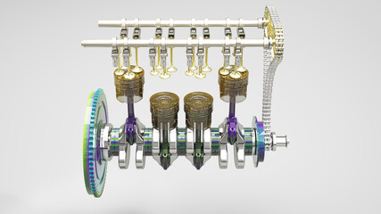Isolated illustration of a car engine with exposed connecting rods and pistons, 3d rendering, 3d illustration