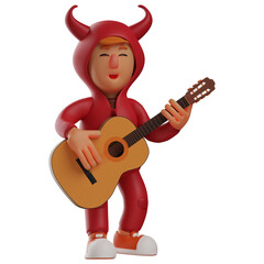 3D Red Devil Cartoon Illustration playing guitar