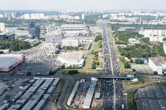 View of the city from a helicopter. View of the main road