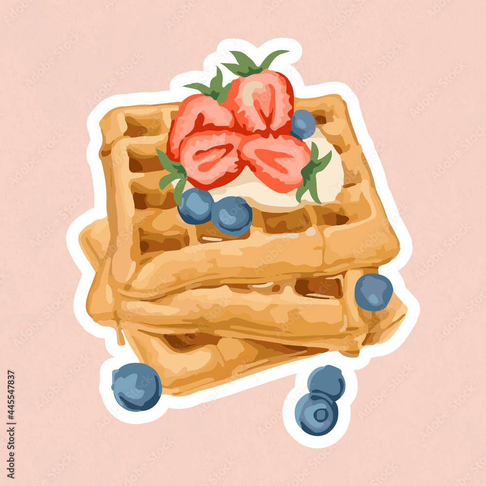 Wall mural vectorized waffles topped with berries sticker overlay with a white border on a pink background