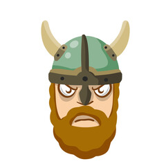 Viking. Evil face of barbarian warrior. Villain Scandinavian character. A soldier in horned helmet. Medieval bearded man. Flat cartoon illustration