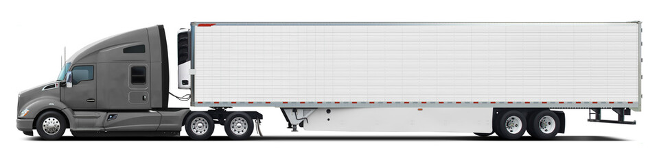 A large modern American truck with a white trailer and a grey cab. Side view isolated on white background. © andrew7726
