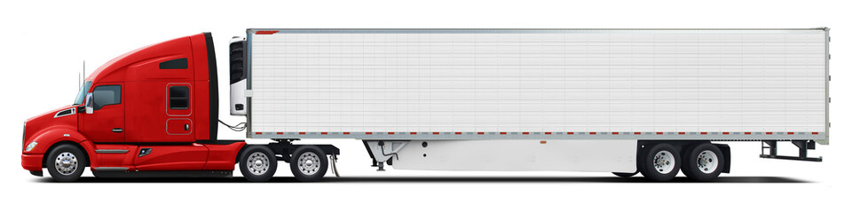 A large modern American truck with a white trailer and a red cab. Side view isolated on white background.