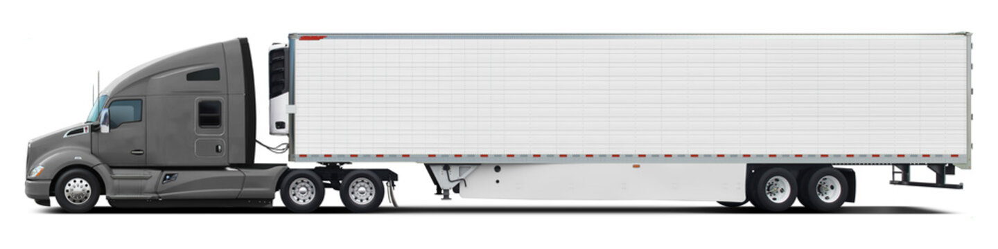 A large modern American truck with a white trailer and a grey cab. Side view isolated on white background.
