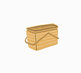 Hand drawn vector abstract stock graphic summer time cartoon,contemporary minimalistic style illustrations print with bohemian beautiful beach picnic basket,isolated on white background