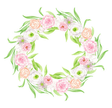 Watercolor floral wreath. Hand drawn round floral frame isolated on white background. Elegant circular composition with blush pastel flower buds, greenery for wedding invitations, save the date