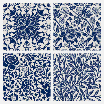 Vintage floral ornament seamless blue pattern background vector set