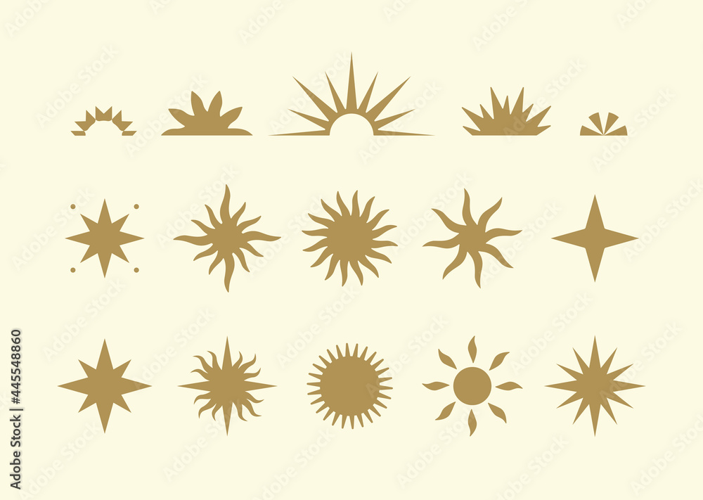 Wall mural collection of modern abstract sun illustrations in boho style. vector design elements for branding, 