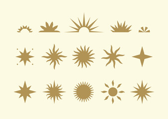 Collection of modern abstract Sun illustrations in boho style. Vector design elements for branding, website, tattoo, packaging. Magic celestial sun silhouettes on light background.