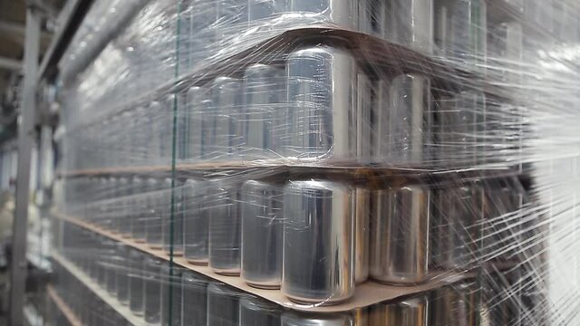 Stack of empty aluminum beer cans stored in warehouse.