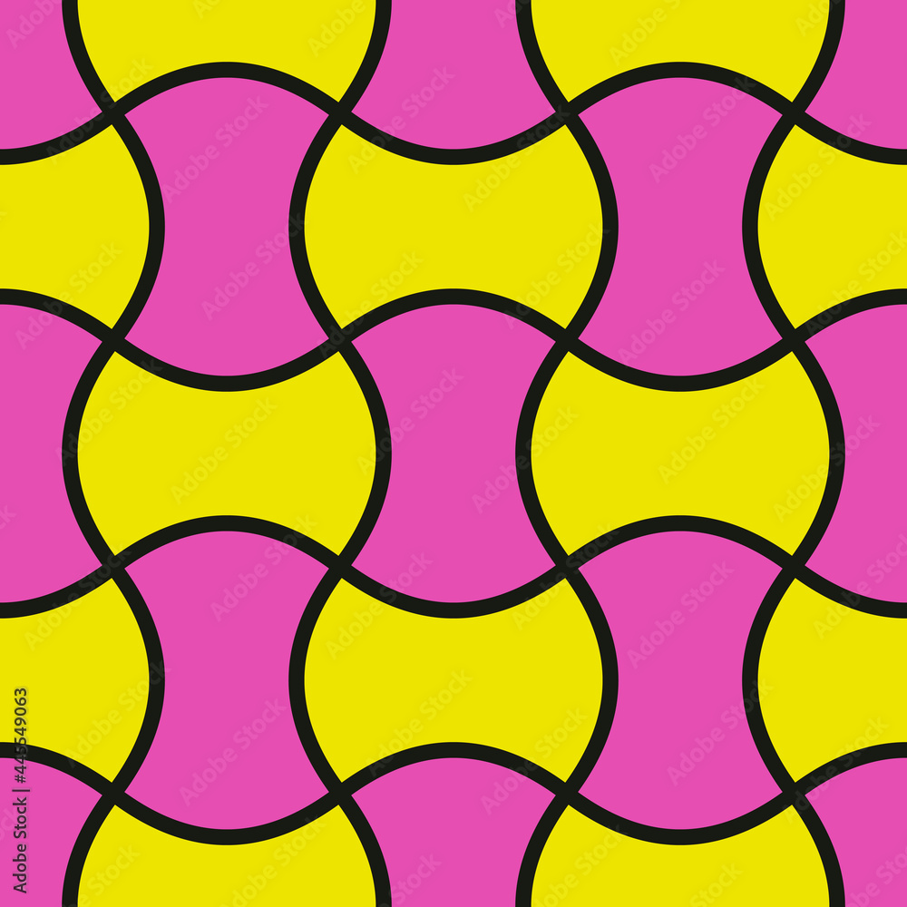Poster Pink and yellow rounded shapes. Seamless checker mosaic. Vector.