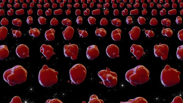 Blood. A field of changing amorphous structures of blood drops. Video art for shows and concerts, clips and music. Animation of flying over the array.