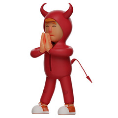 Red Devil 3D Cartoon Illustration clasp the hands