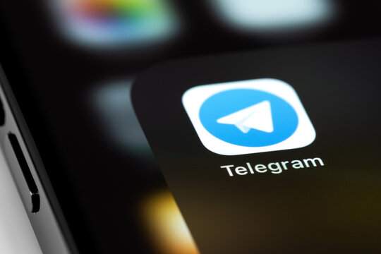 Telegram mobile icon app on screen smartphone iPhone macro. Telegram - cross-platform messenger. Moscow, Russia - June 15, 2021