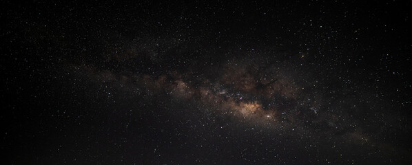 Panorama deep  night sky milky way and star on dark background.Universe filled with stars, nebula and galaxy with noise and grain.Photo by long exposure and select white balance. 