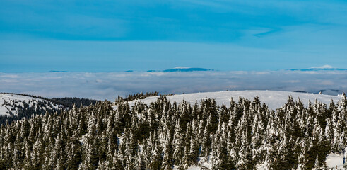 Oravske Beskydy with Pilsko and Babia hora hills from hiking trail near Krizava hill summit in...