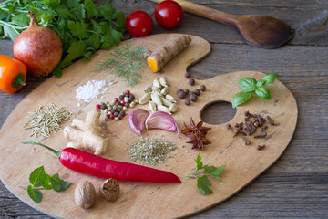 Painting palette with various spices and herbs, culinary concept 