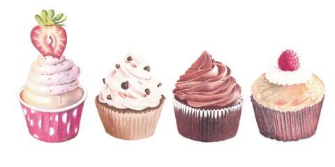 Cupcakes with many flavors, chocolate, vanilla, strawberry, raspberry.