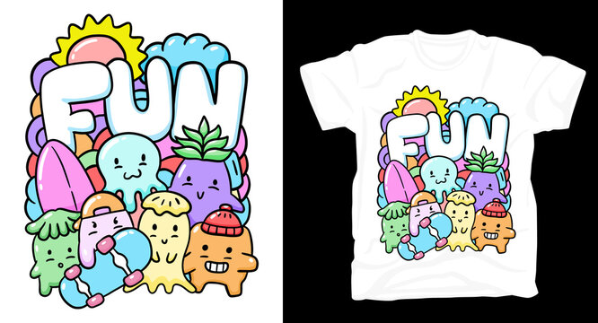 Colorful cute doodle monsters t-shirt design