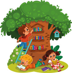 Obraz na płótnie Canvas Three kids reading a book under a tree library.