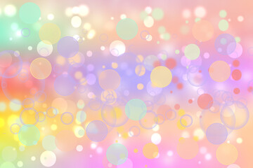 Light multicolor background. Abstract blurred fresh vivid spring summer light pastel gradient pink blue yellow green turquoise bokeh texture with bright circular soft color lights. Beautiful backdrop 