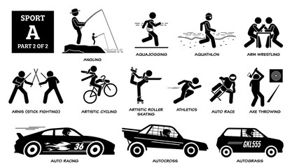 Sport games alphabet A vector icons pictogram. Angling, aquajogging, aquathlon, arm wrestling, arnis, artistic cycling, roller skating, auto race, axe throwing, auto racing, autocross, and autograss.