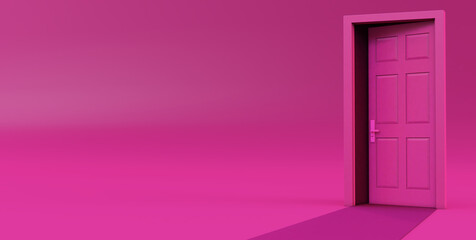 3d render of open door isolated on pink background.