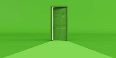 3d render of green open door isolated on green background.