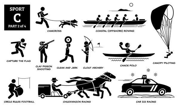 Sport games alphabet C vector icons pictogram. Canicross, coastal rowing, capture flag, clay pigeon shooting, clean jerk, clout archery, canoe polo, chuckwagon, car ice racing, and canopy piloting.