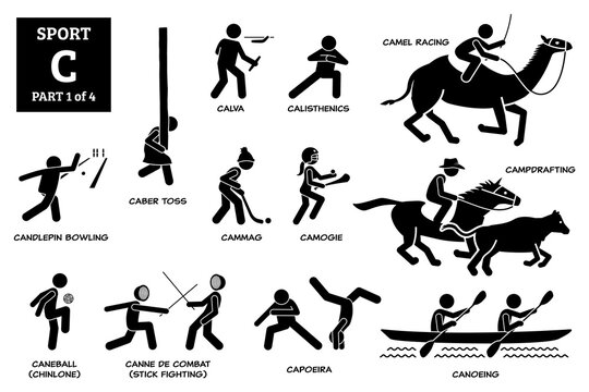 Sport games alphabet C vector icons pictogram. Calva, calisthenics, camel racing, candlepin bowling, caber toss, cammag, camogie, campdrafting, caneball chinlone, canne de combat, capoeira, canoeing.