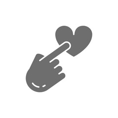 Finger point to heart button, feedback, customer review, positive grey icon.