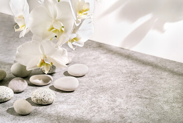 White and grey textured stone podium with sea pebbles, orchid flowers and plant shadow pattern. Advertising background concept for cosmetics, fashion, spa.
