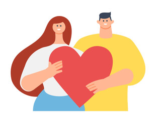 Flat concept of help, charity, volunteering, mutual aid, the main page of the site. Young couple of people, woman and man are holding a heart in their hands. Vector illustration.