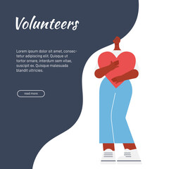Young African American woman holding a heart in her hands. Concept of help, charity, volunteering, mutual aid. Flat style. Vector illustration.